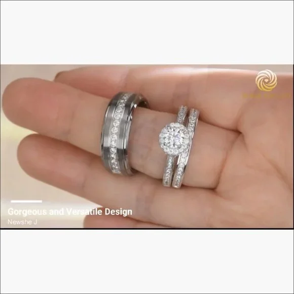 Sterling Silver and Tungsten Carbide Wedding Rings Set with Cubic Zirconia
